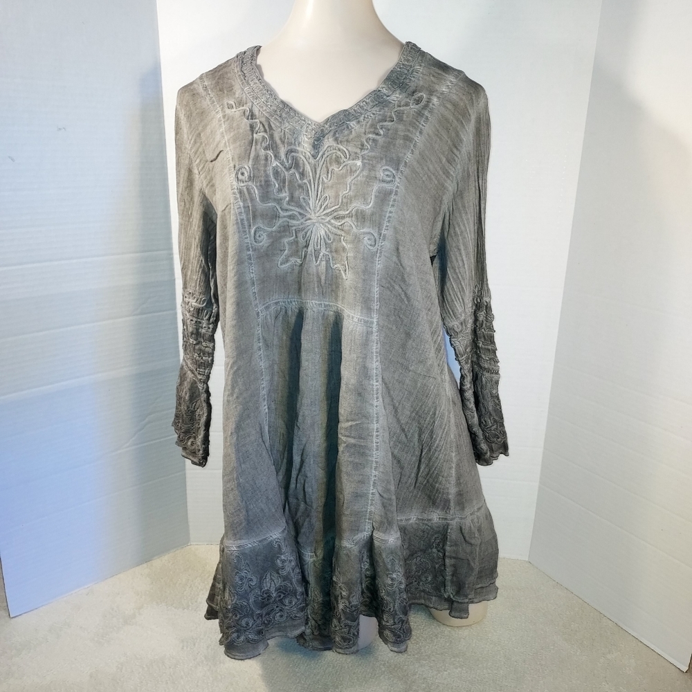 Gretty Zueger Gray Cotton Boho Embroidered Tunic top size M